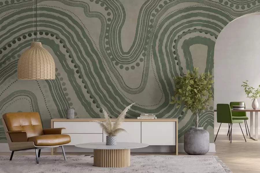 murais de parede Linhas onduladas e pontos abstratos em verde e bege, arte moderna com textura w09747