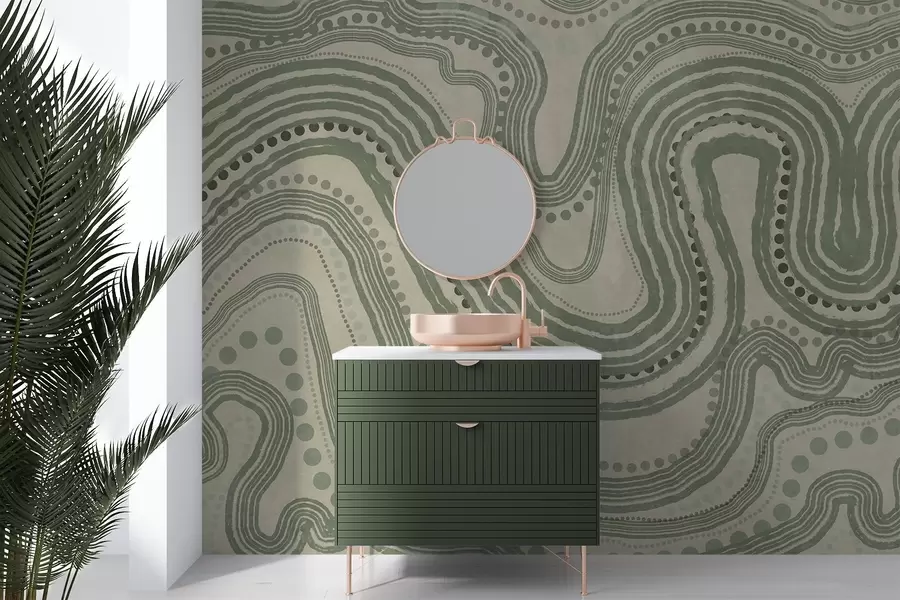 murais de parede Linhas onduladas e pontos abstratos em verde e bege, arte moderna com textura w09747