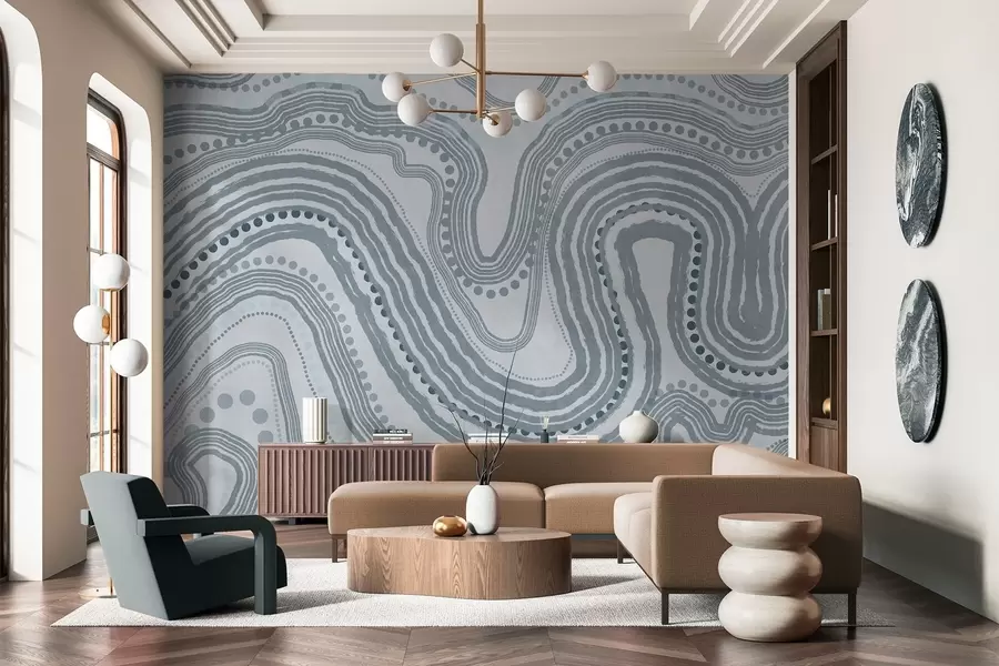 murais de parede Linhas onduladas e pontos azuis abstratos, arte moderna texturizada w09747v3