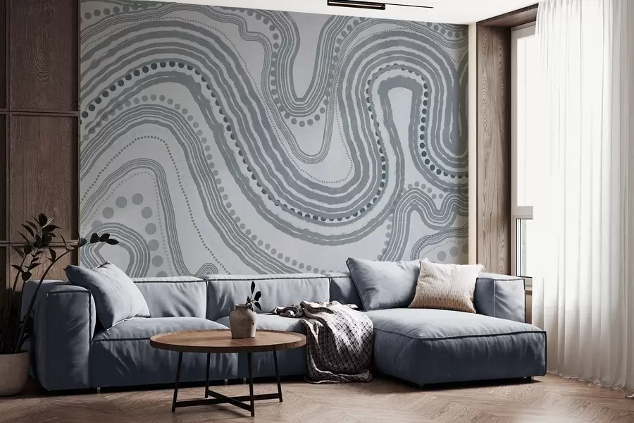 murais de parede Linhas onduladas e pontos azuis abstratos, arte moderna texturizada w09747v3