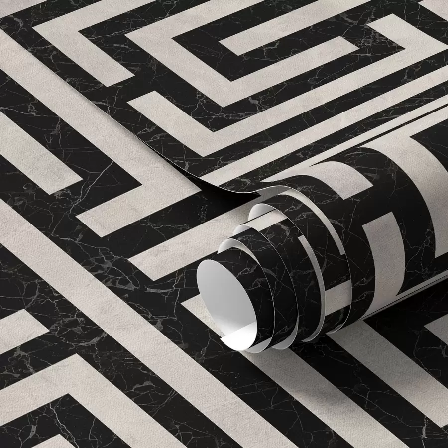 murais de parede Padrão geométrico preto e branco em forma de labirinto a01073