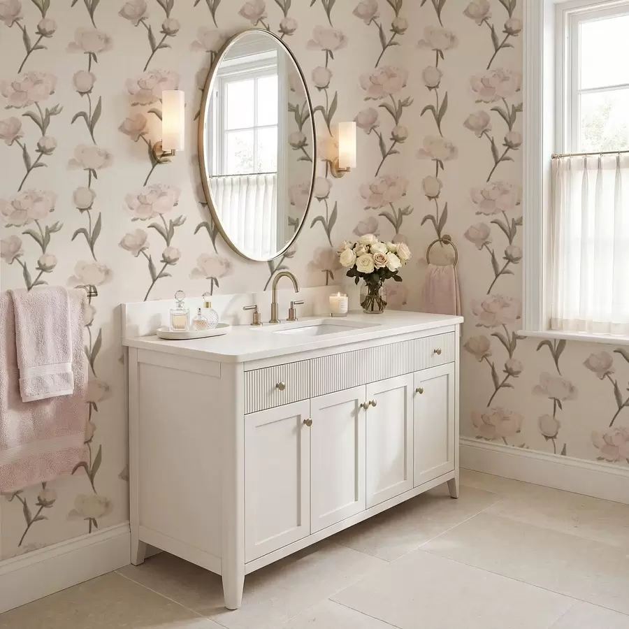 murais de parede Peônias rosa suave sobre fundo claro a01114