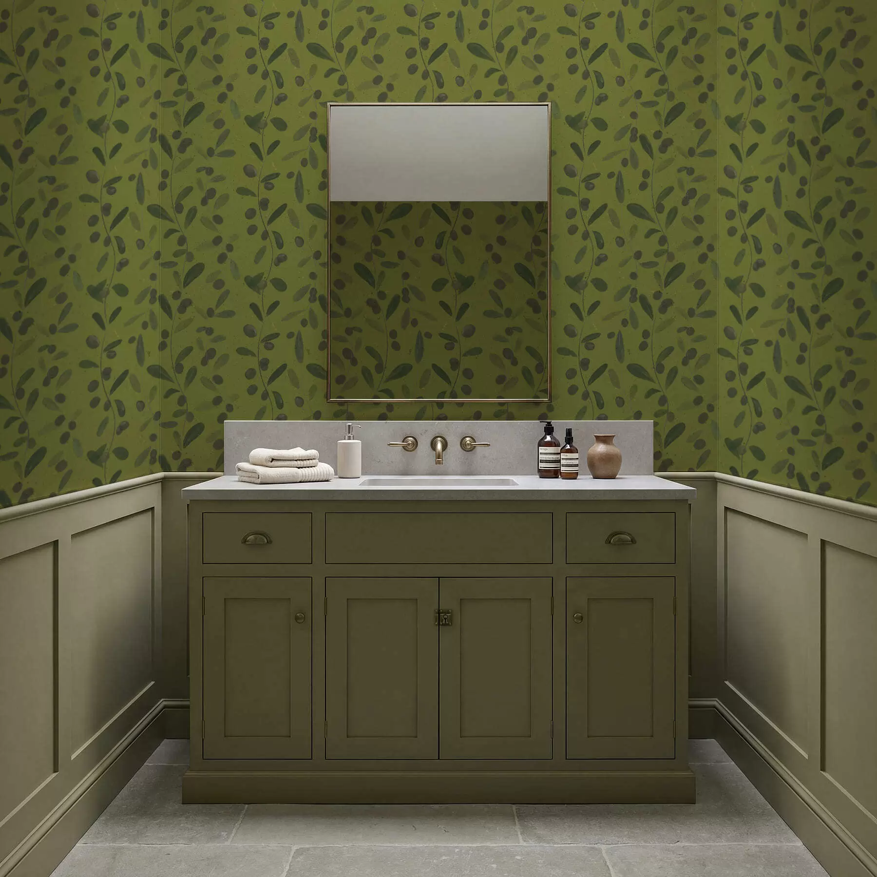 murais de parede Galhos verdes com folhas e bagas na oliveira a01113