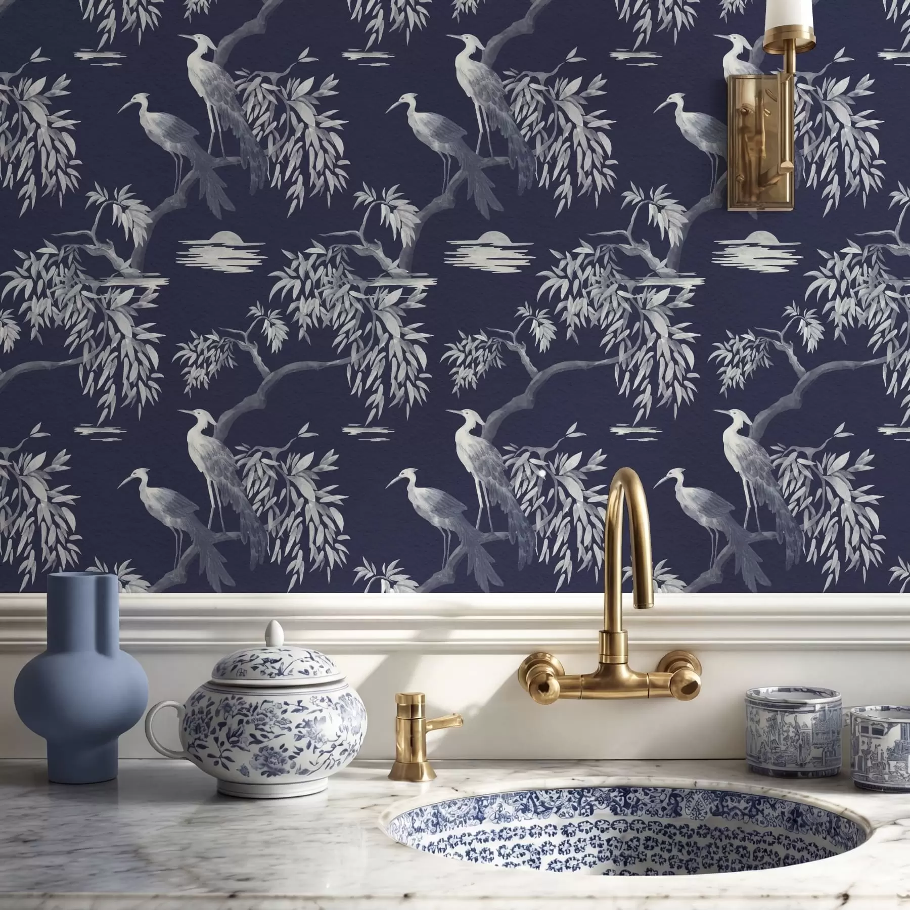 murais de parede Pássaros em um galho sobre fundo azul escuro a01116v1