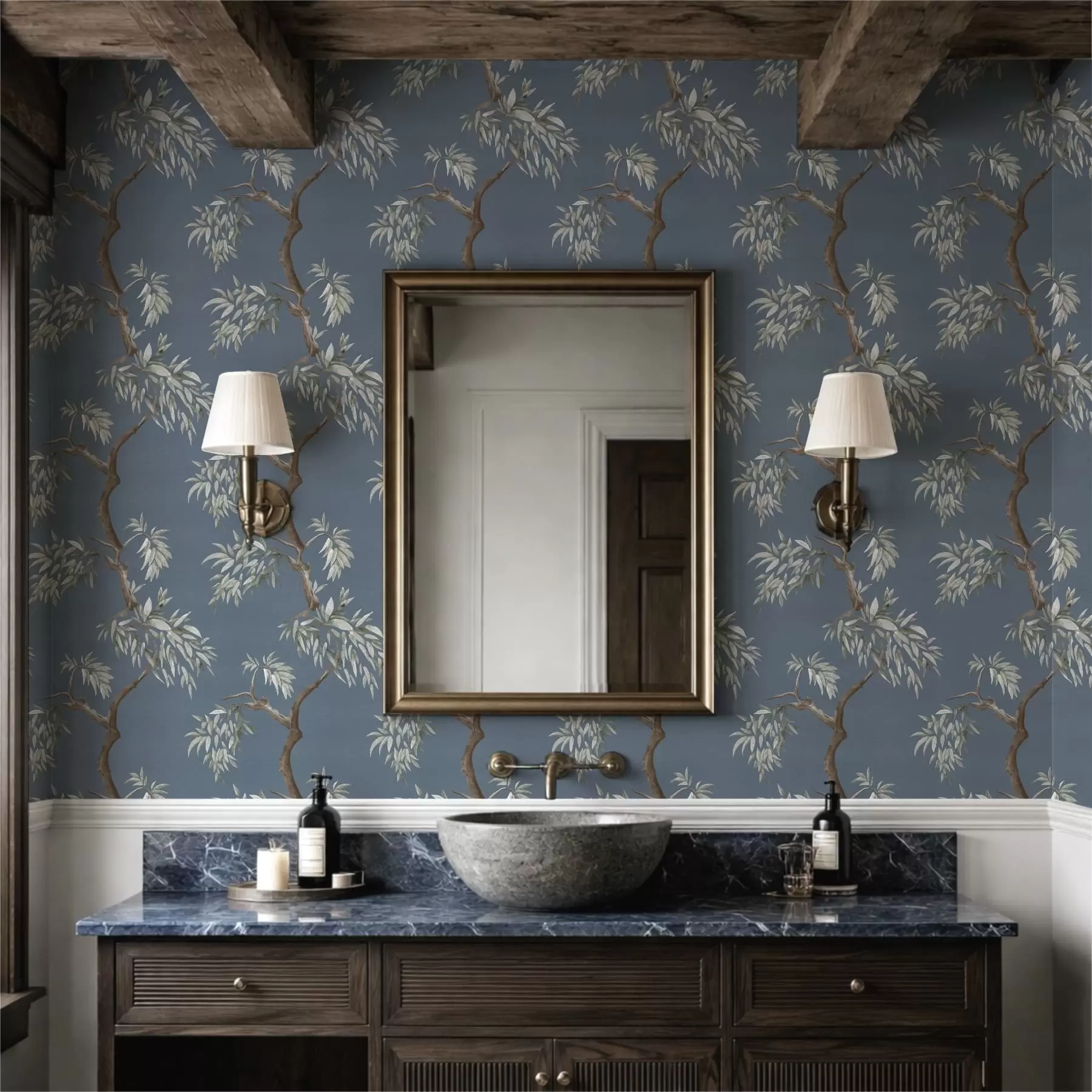 murais de parede Ramo de árvore com folhas sobre fundo azul a01117