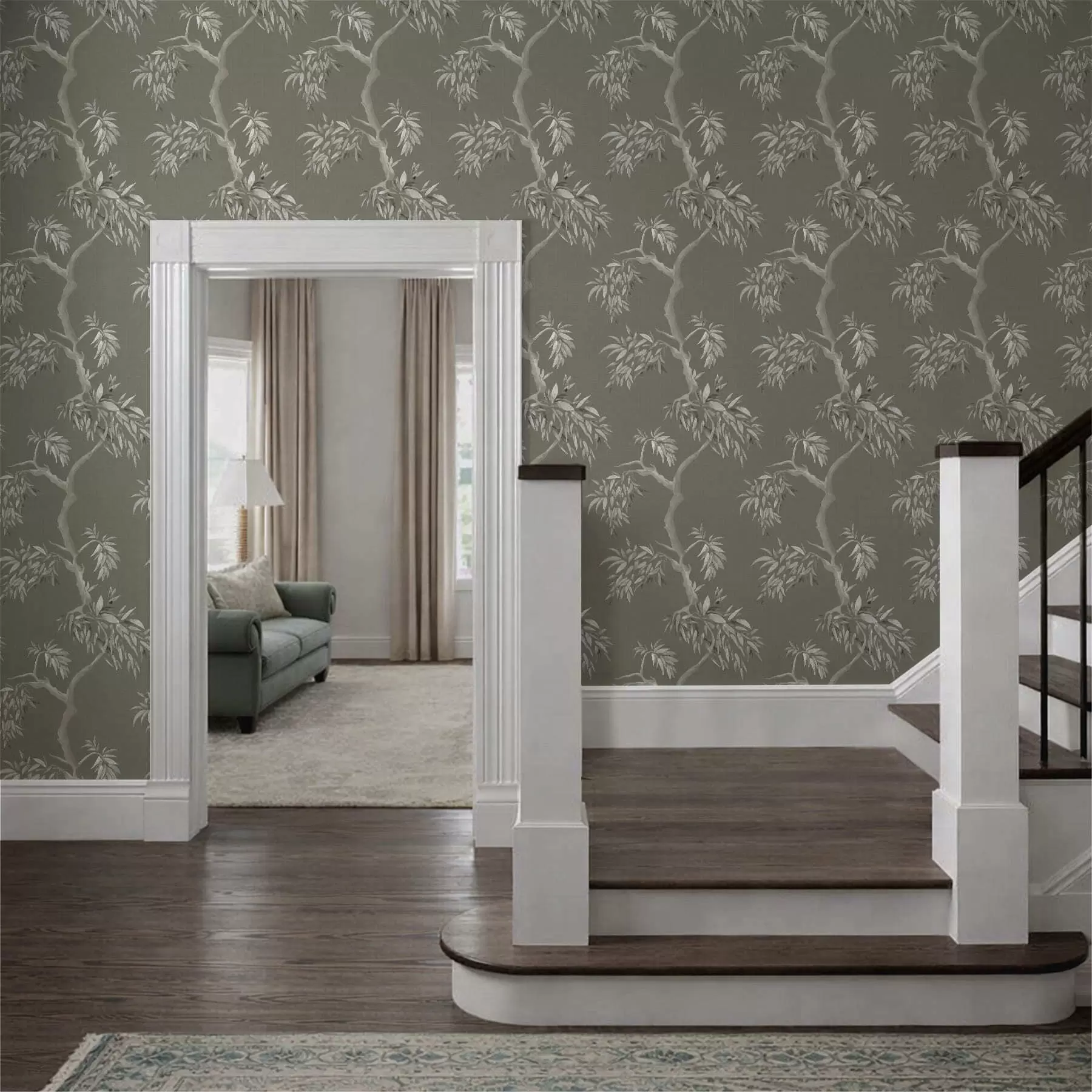 murais de parede Ramo leve com folhas sobre fundo verde-oliva a01117v1