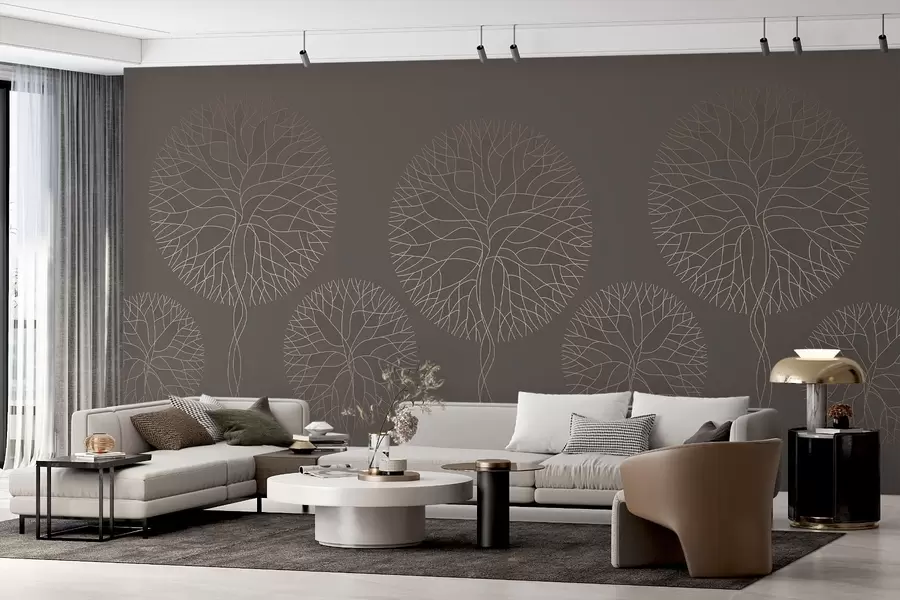 murais de parede Árvores lineares fantásticas com copas exuberantes em elegantes tons de moca w05213v1