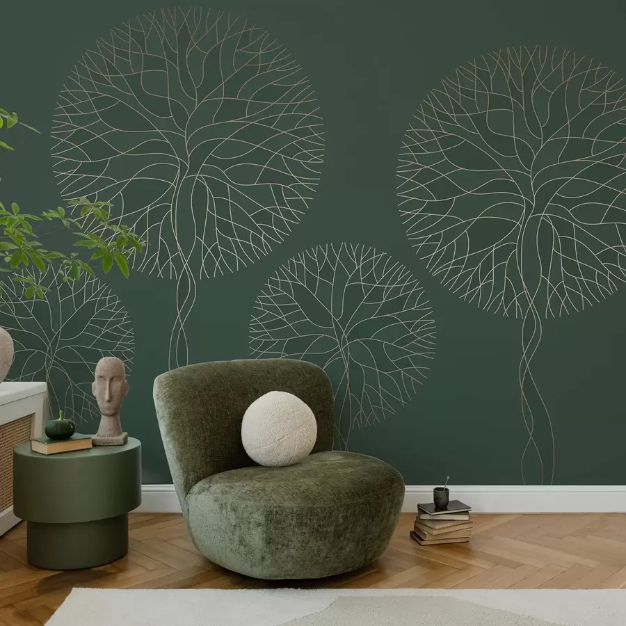 murais de parede Árvores lineares fantásticas com copas exuberantes em elegantes tons de verde escuro w05213v2