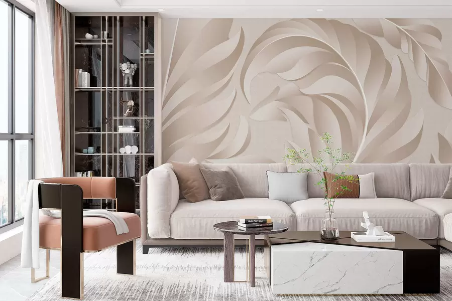 murais de parede penas grandes com textura em tons de bege e pó w05231