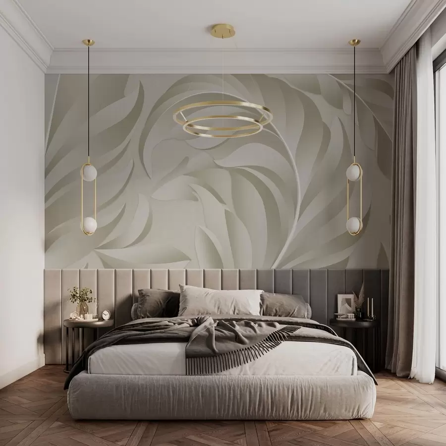 murais de parede penas grandes com textura em tons de bege e verde-oliva w05231v1