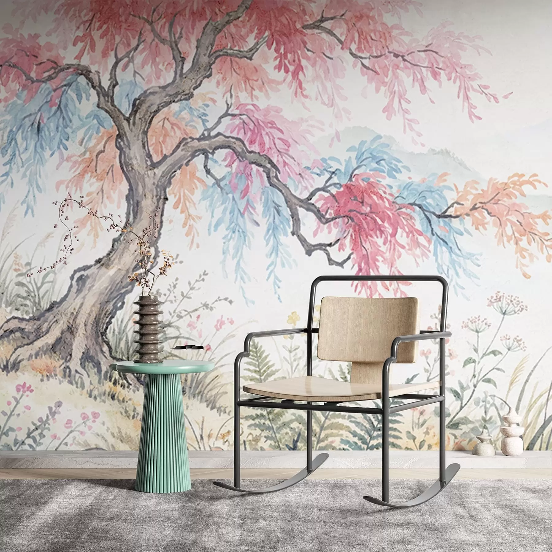 murais de parede Jardim colorido pintado numa parede de betão w05246