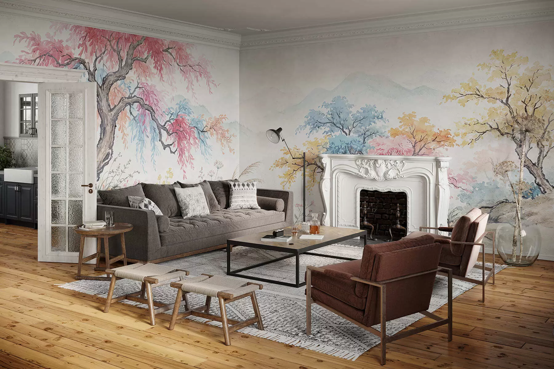 murais de parede Jardim colorido pintado numa parede de betão w05246