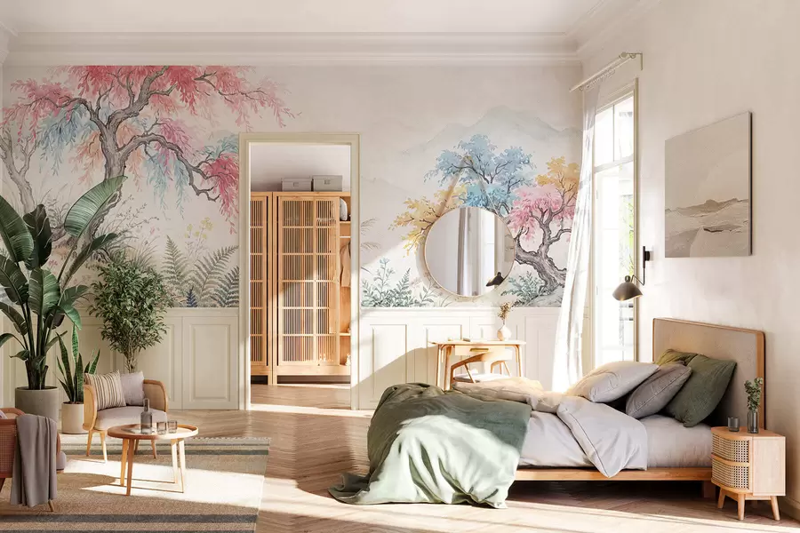 murais de parede Jardim colorido pintado numa parede de betão w05246