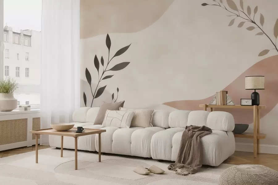 murais de parede Ondas abstratas em tons de bege-pêssego com ramos w09722