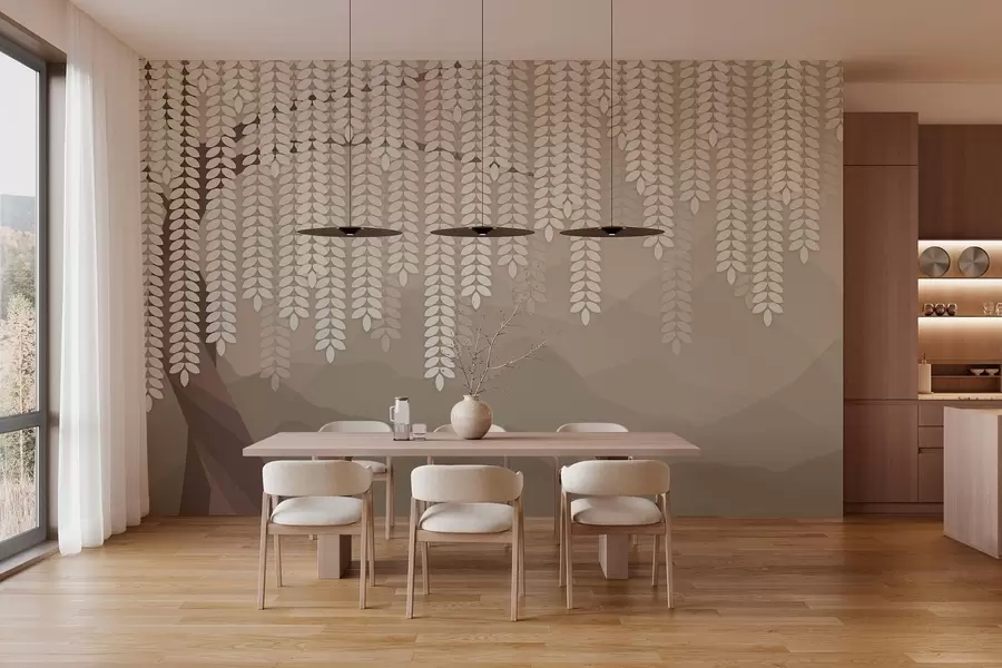 murais de parede salgueiro estilizado com folhas pendentes contra um fundo de montanhas minimalistas em tons de café w05232v2