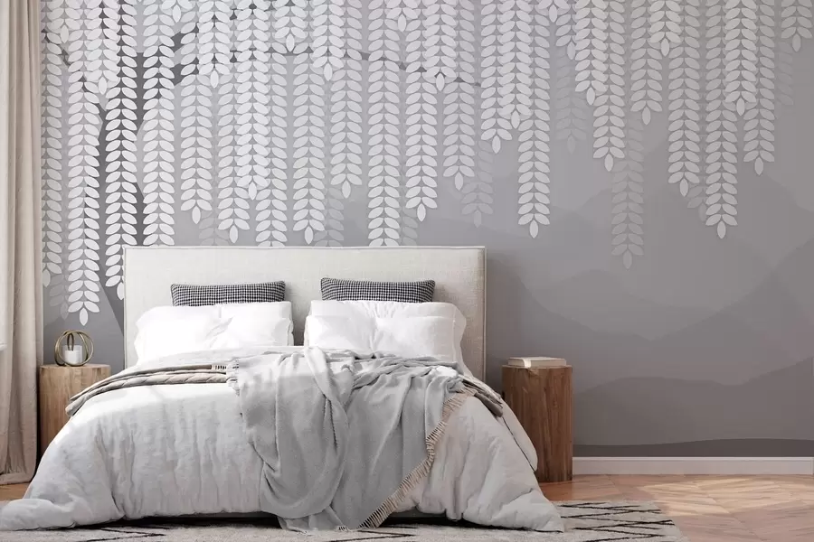 murais de parede salgueiro estilizado com folhas pendentes contra um fundo de montanhas minimalistas em tons de cinza w05232v3