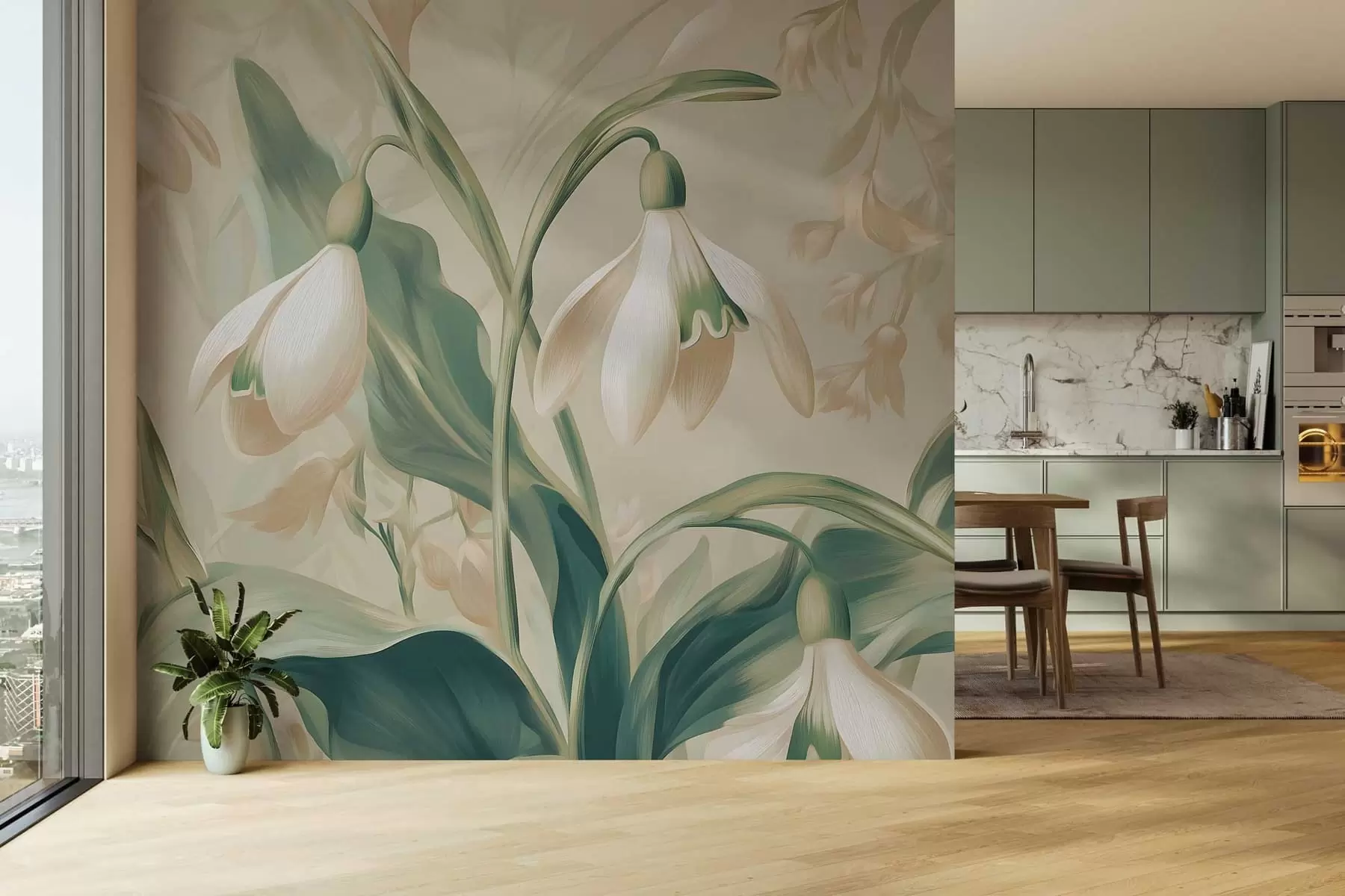 murais de parede flores de neve a desabrochar sobre um fundo bege w05234