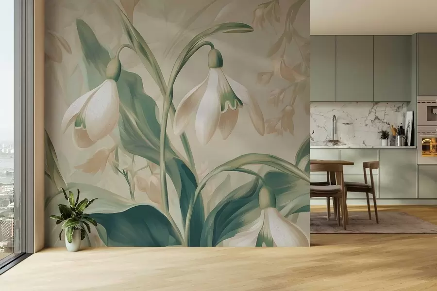 murais de parede flores de neve a desabrochar sobre um fundo bege w05234