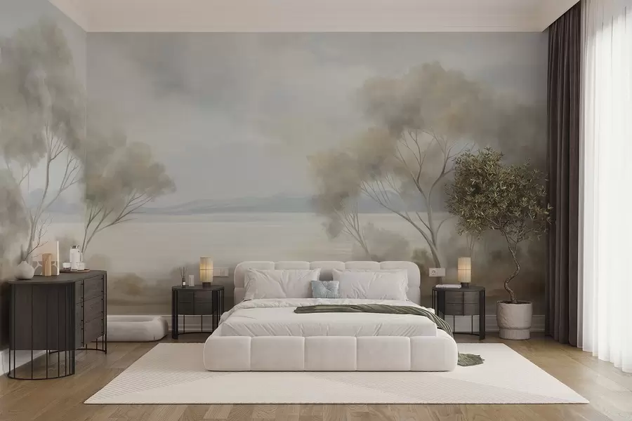 murais de parede Um estilo de pintura com textura paisagística, com árvores sob um céu nublado w09753