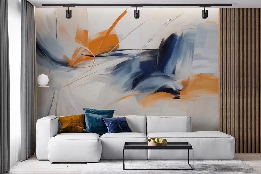 murais de parede Estilo de pintura abstrata com pinceladas texturizadas em laranja e azul w09755