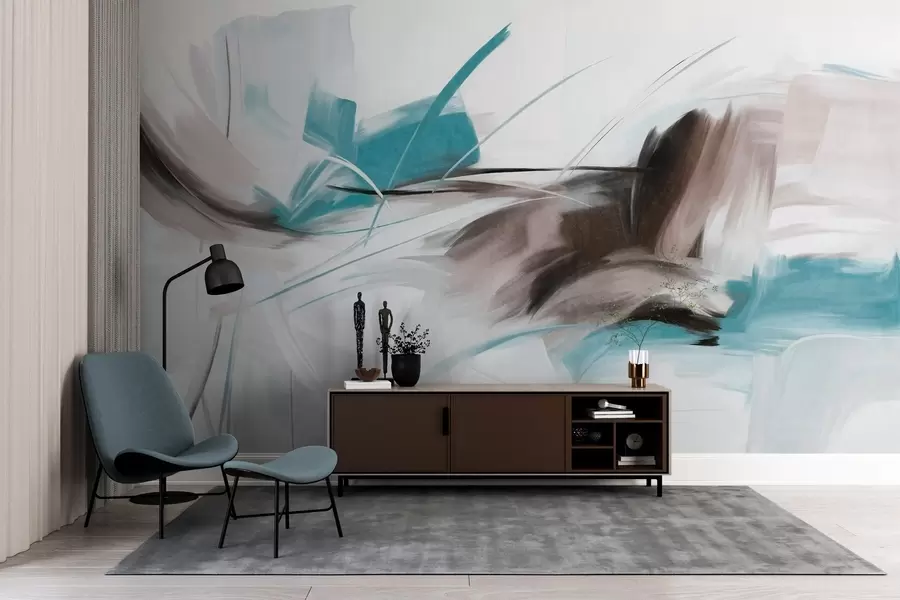 murais de parede Estilo de pintura abstrata com pinceladas texturizadas em castanho e azul w09755v1