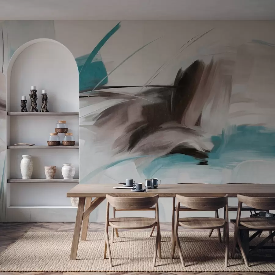 murais de parede Estilo de pintura abstrata com pinceladas texturizadas em castanho e azul w09755v1