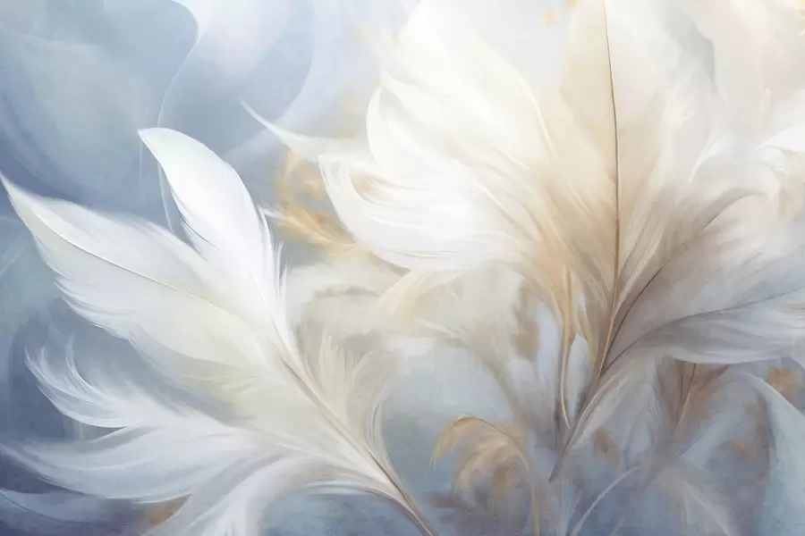 murais de parede Penas brancas macias e texturizadas e capim-dos-pampas desfocado com fundo azul e branco w09758