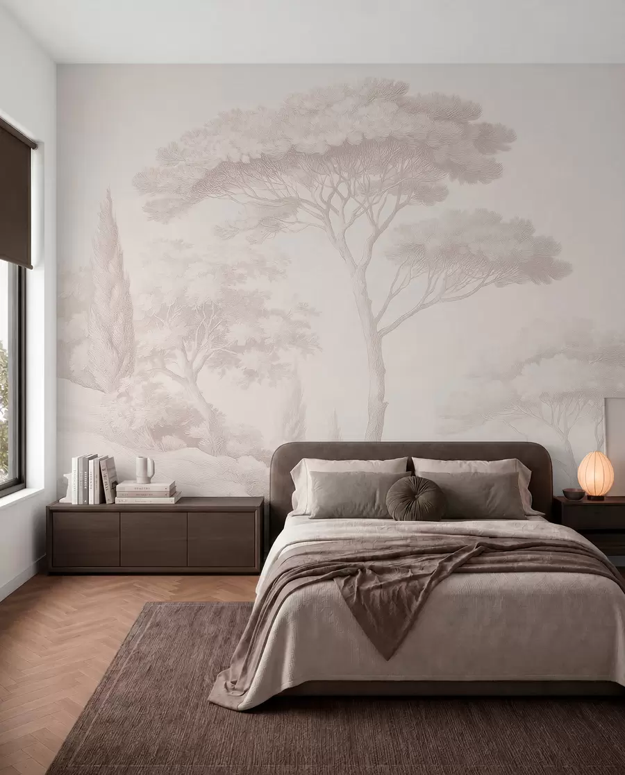 murais de parede Paisagem florestal tranquila numa paleta de cores bege w09685