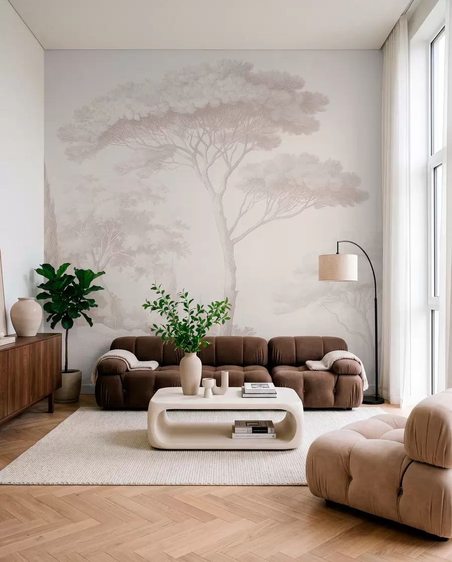 murais de parede Paisagem florestal tranquila numa paleta de cores bege w09685