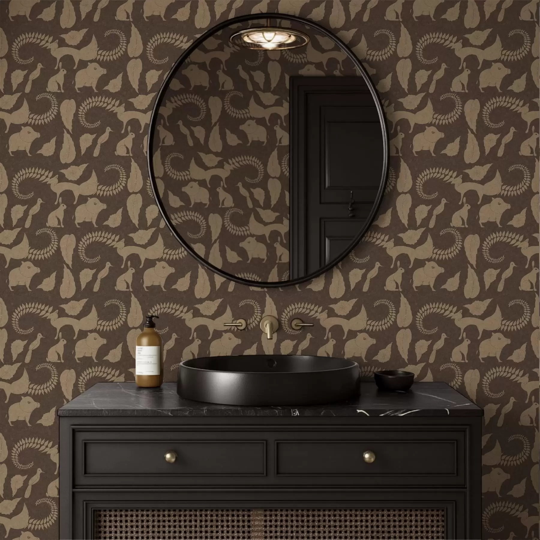 murais de parede Padrão florestal com animais sobre fundo castanho a01121