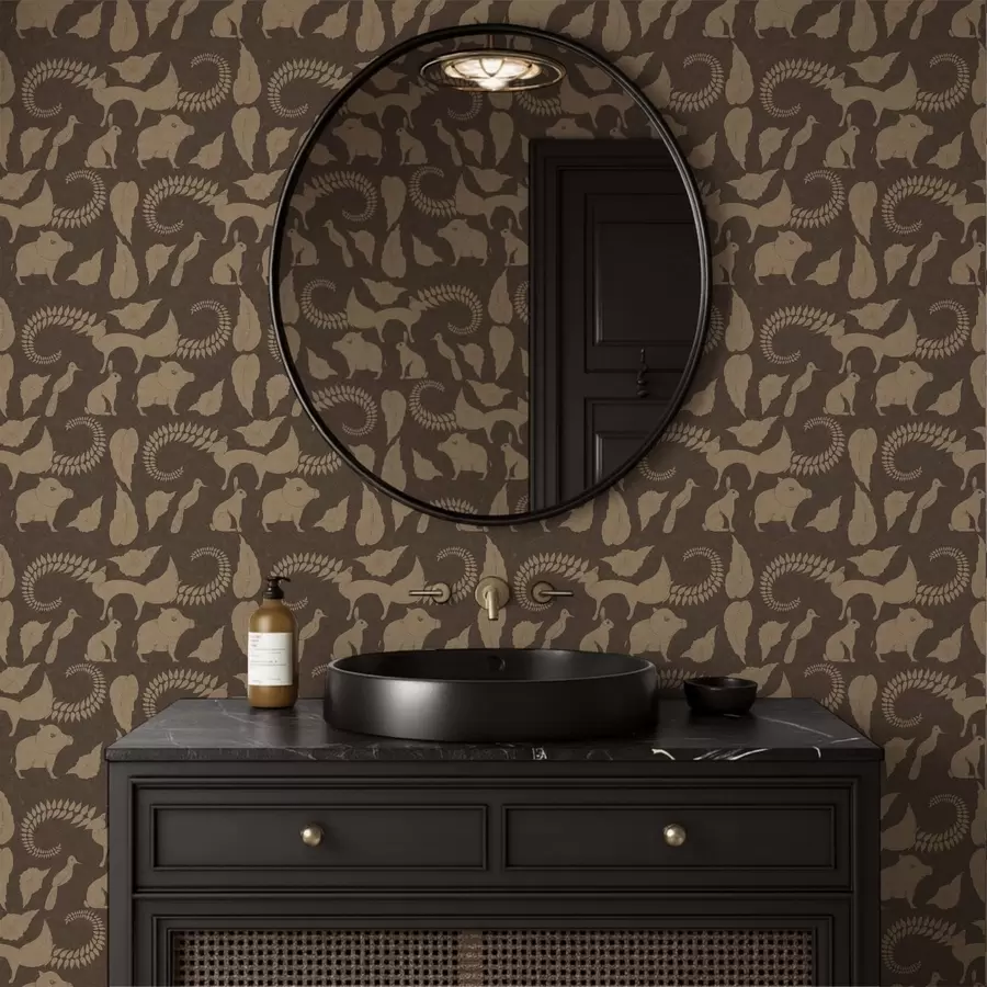 murais de parede Padrão florestal com animais sobre fundo castanho a01121