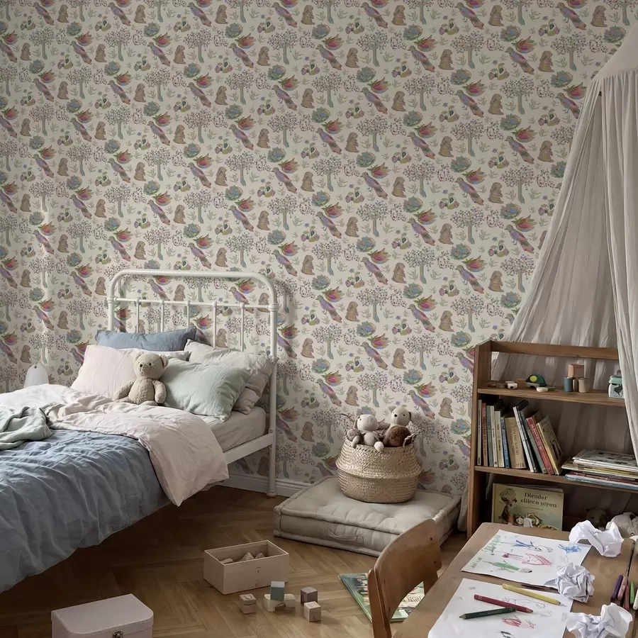 murais de parede Padrão infantil colorido com pássaros e coelhos a01127