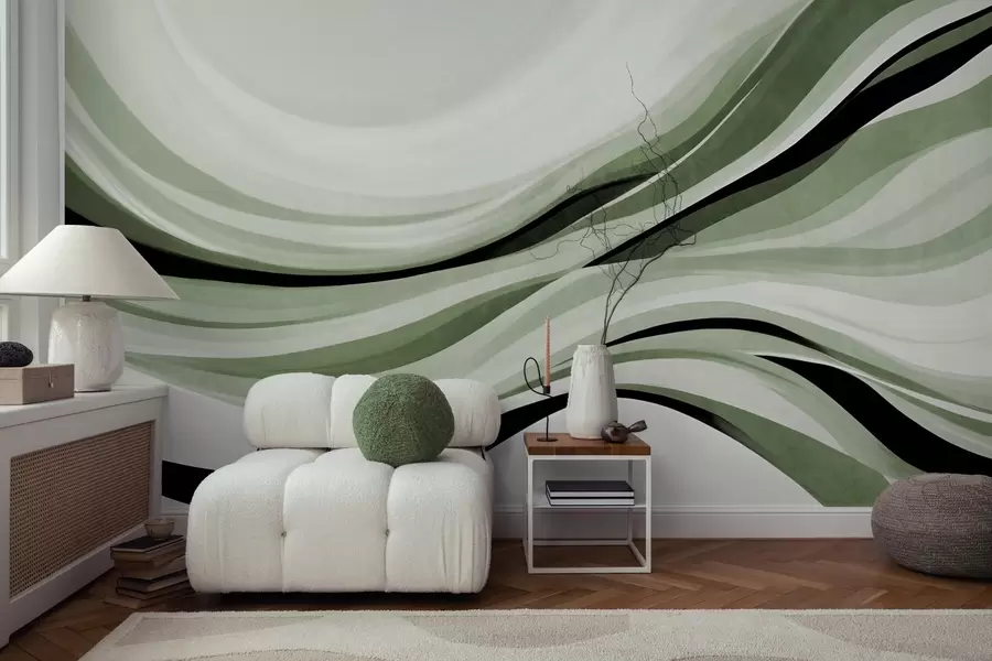 murais de parede Linhas abstratas onduladas em tons de verde e preto contra um fundo claro, arte texturizada w09748v1