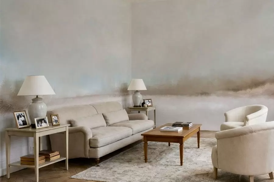 murais de parede Paisagem enevoada com lago e floresta w05319