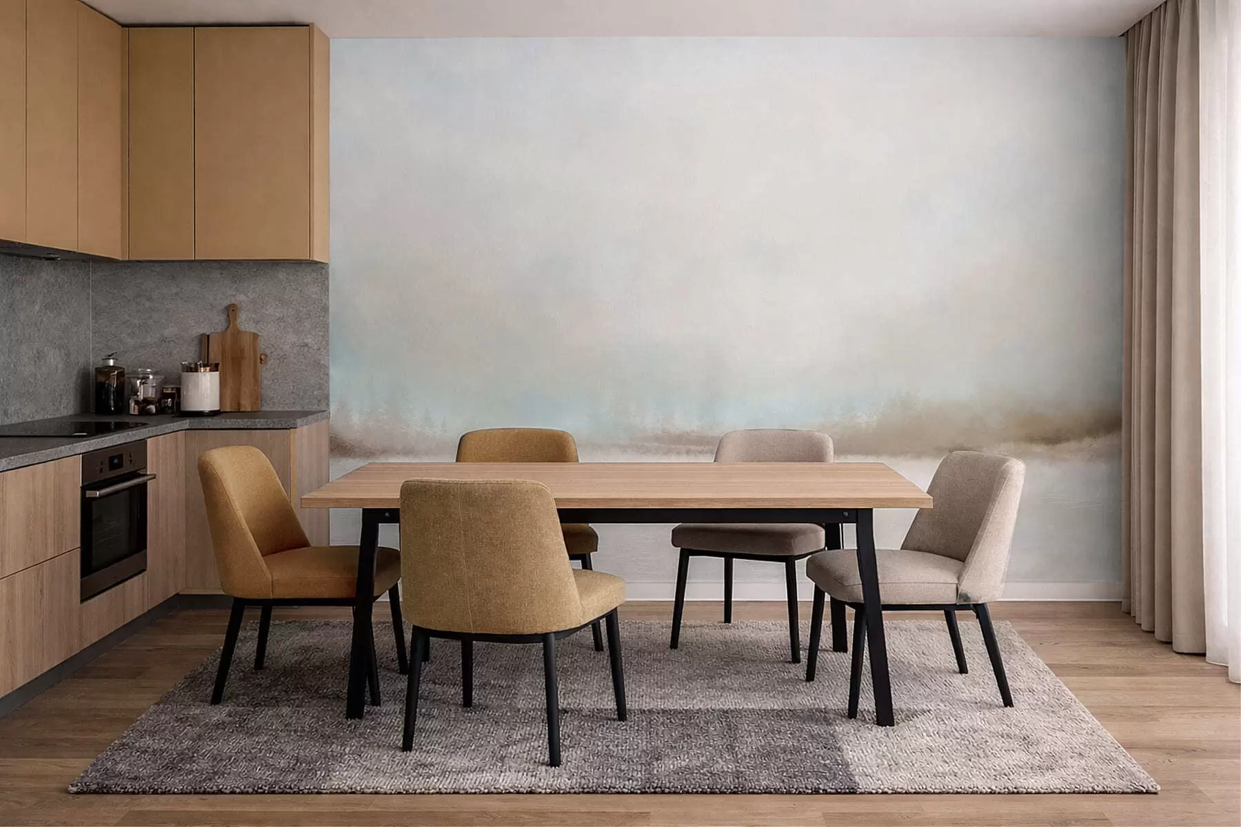 murais de parede Paisagem enevoada com lago e floresta w05319