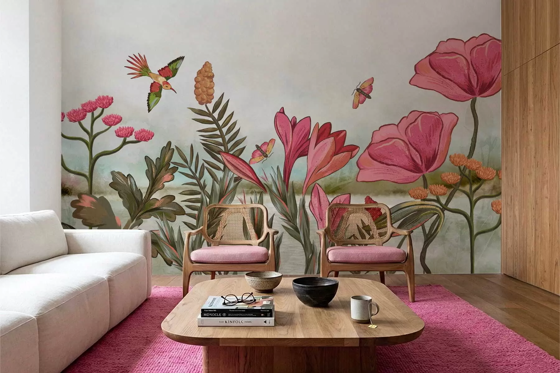 murais de parede Flores brilhantes com pássaros e borboletas w05321