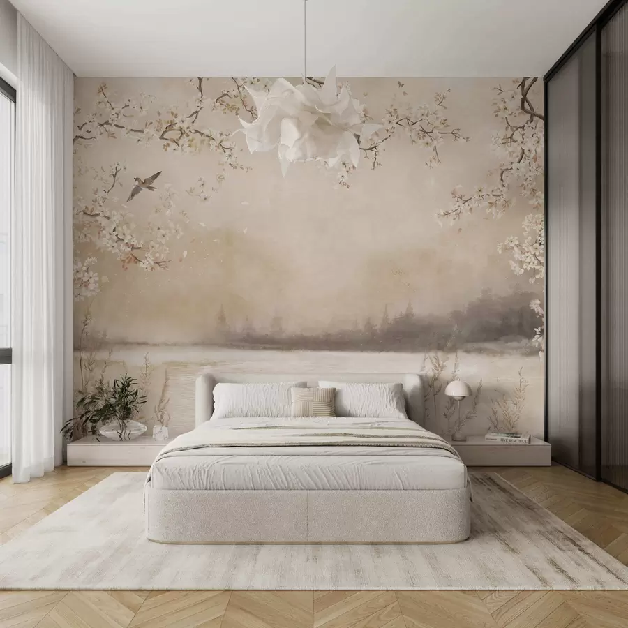 murais de parede Ramos delicados em flor junto ao lago com pássaros numa leve névoa w05155