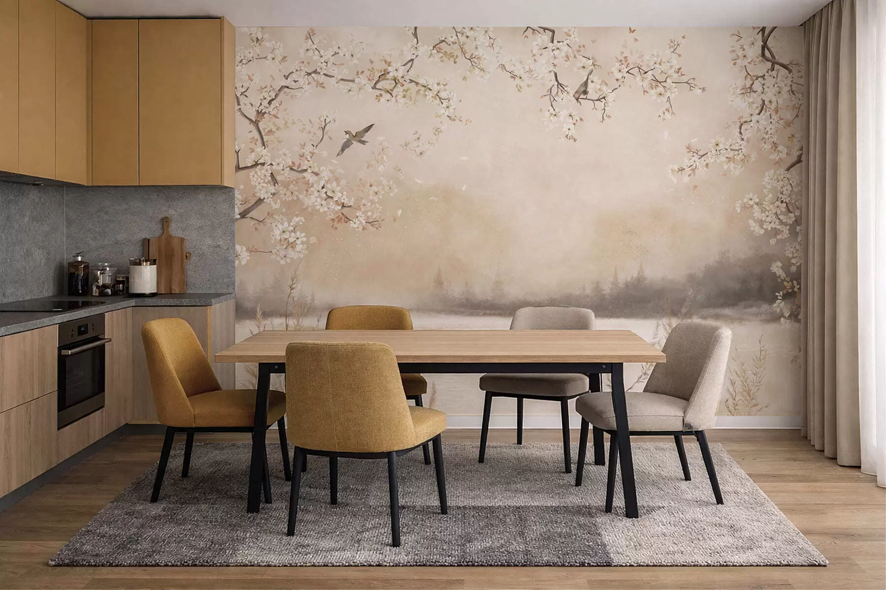 murais de parede Ramos delicados em flor junto ao lago com pássaros numa leve névoa w05155