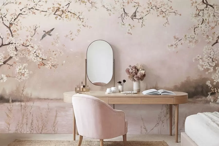 murais de parede Galhos floridos sobre um lago calmo com pássaros na névoa w05155v1