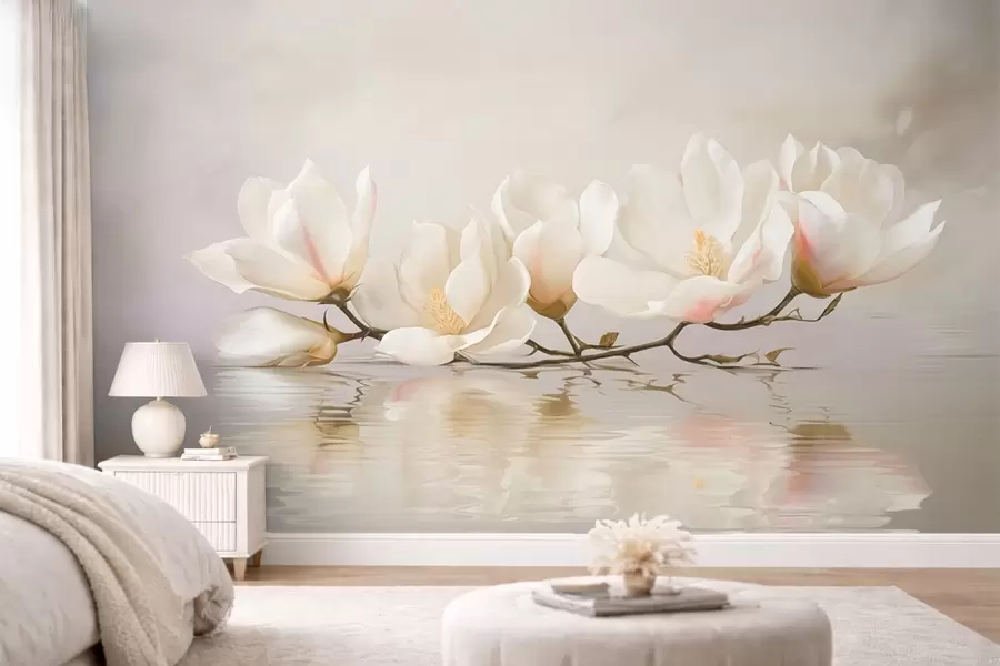 murais de parede Flores claras de magnólia num ramo acima do reflexo da água w05353