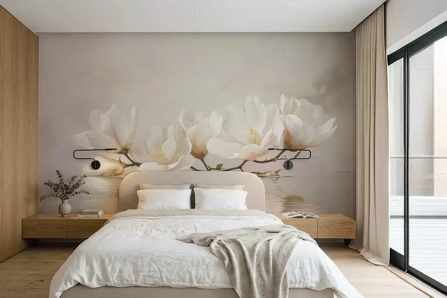 murais de parede Flores claras de magnólia num ramo acima do reflexo da água w05353