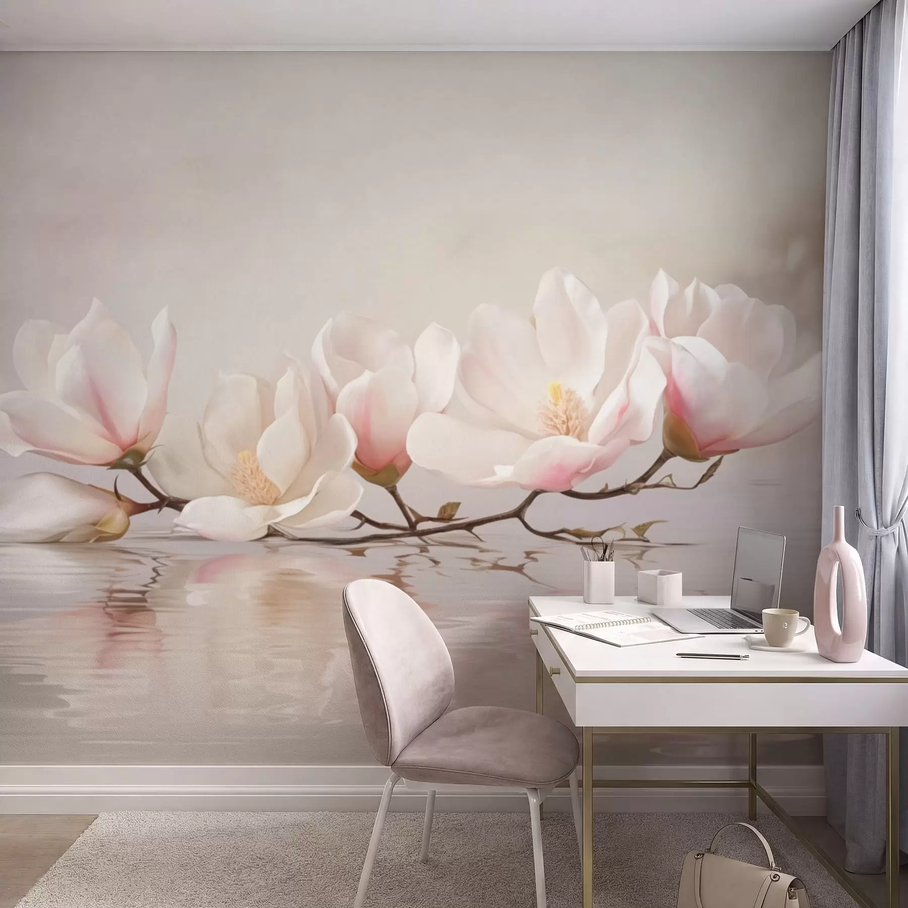 murais de parede Ramo de magnólia com flores acima do reflexo da água calma w05353v1