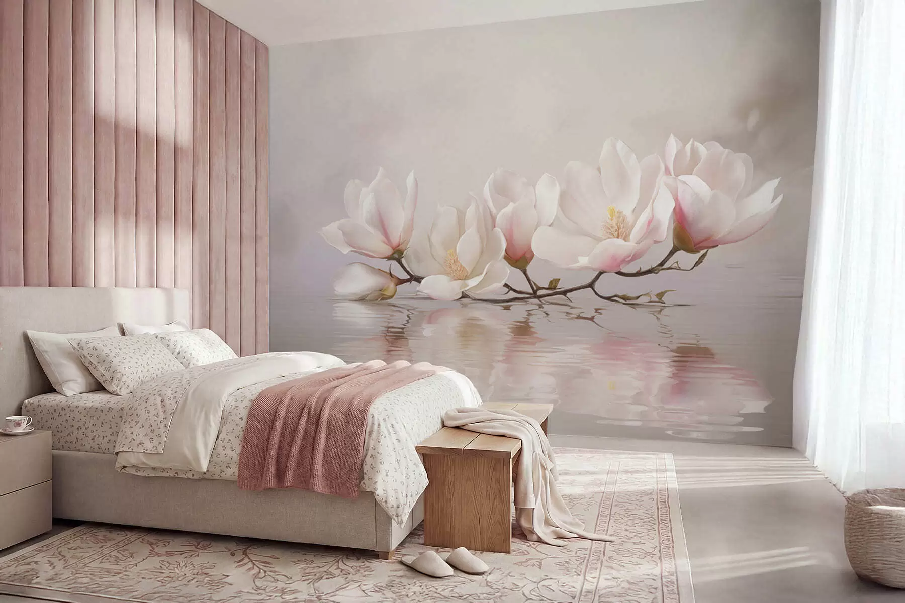 murais de parede Ramo de magnólia com flores acima do reflexo da água calma w05353v1
