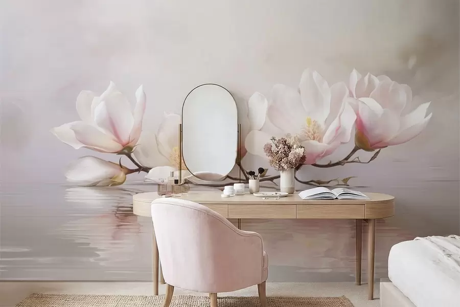 murais de parede Ramo de magnólia com flores acima do reflexo da água calma w05353v1