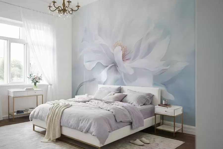 murais de parede Flor branca suave com pétalas esvoaçantes sobre fundo azul w05354