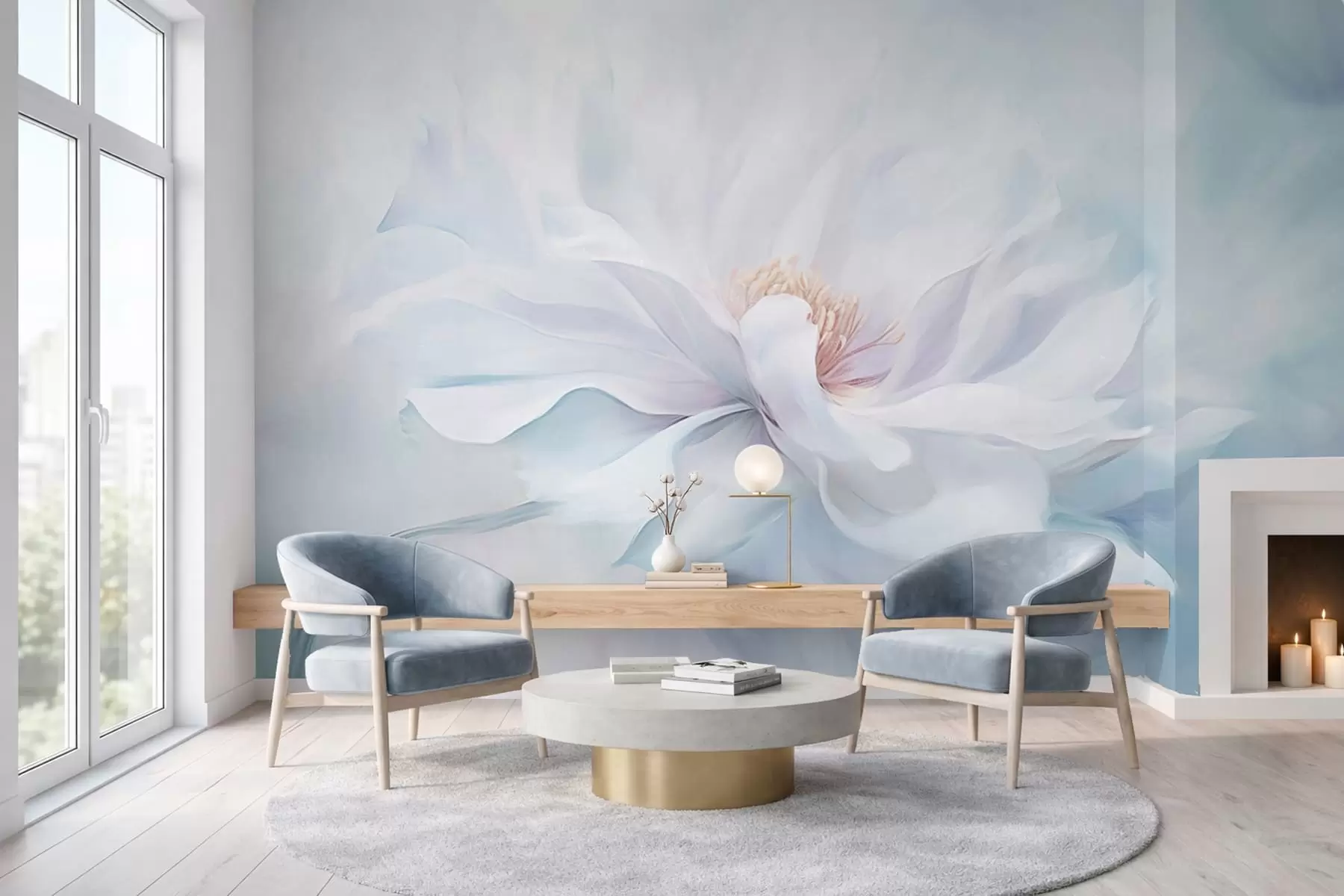 murais de parede Flor branca suave com pétalas esvoaçantes sobre fundo azul w05354