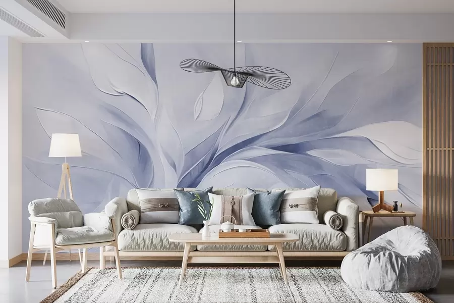murais de parede Pintura abstrata com textura em tons de azul claro e branco, com folhas esvoaçantes w09765