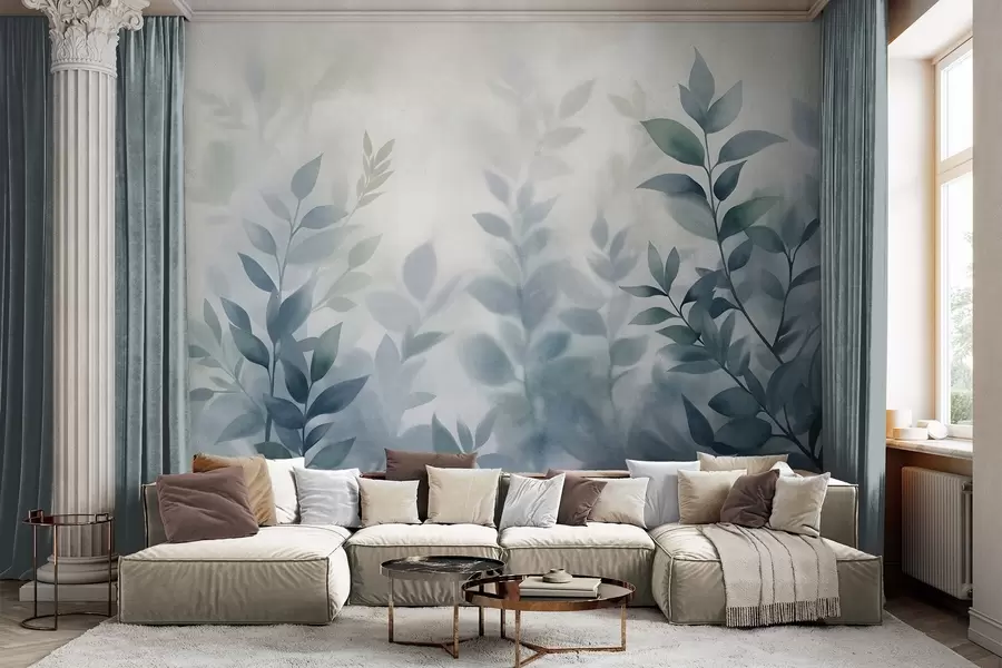 murais de parede Galhos delicados com folhas azuis suaves, estilo pintura em aquarela, arte texturizada w09750v1