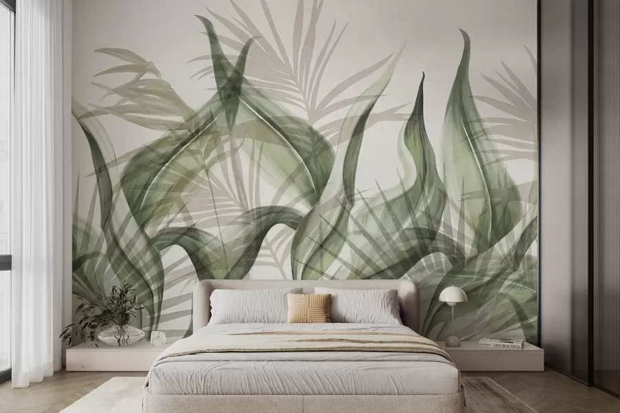 murais de parede Folhas tropicais em tons de bege e verde contra um fundo branco, estilo aquarela texturizado w09772v1