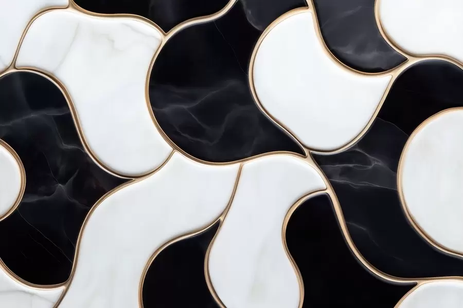 murais de parede Imitacão abstrata de uma composição em mármore em tons de preto e branco com linhas amarelas w09733